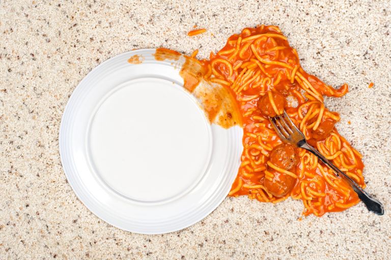 A plate of spaghetti dropped onto carpet.