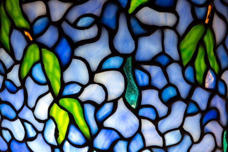 Blue and green stained glass.