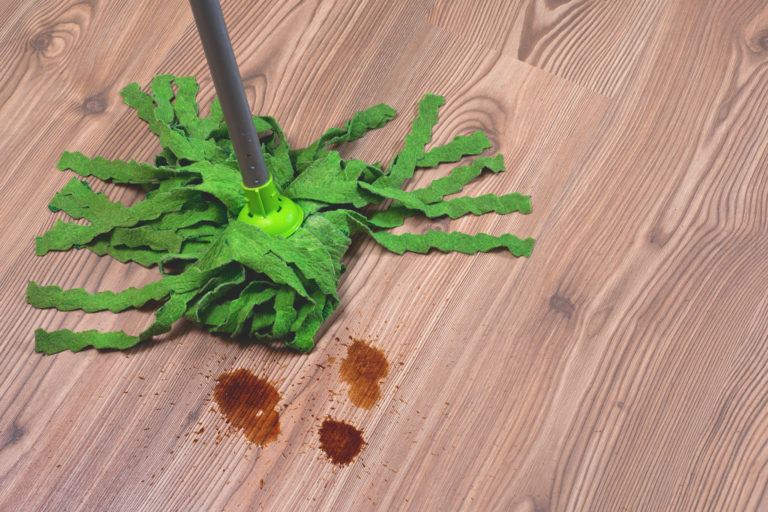 A mop cleaning a coffee spill on a laminate floor.